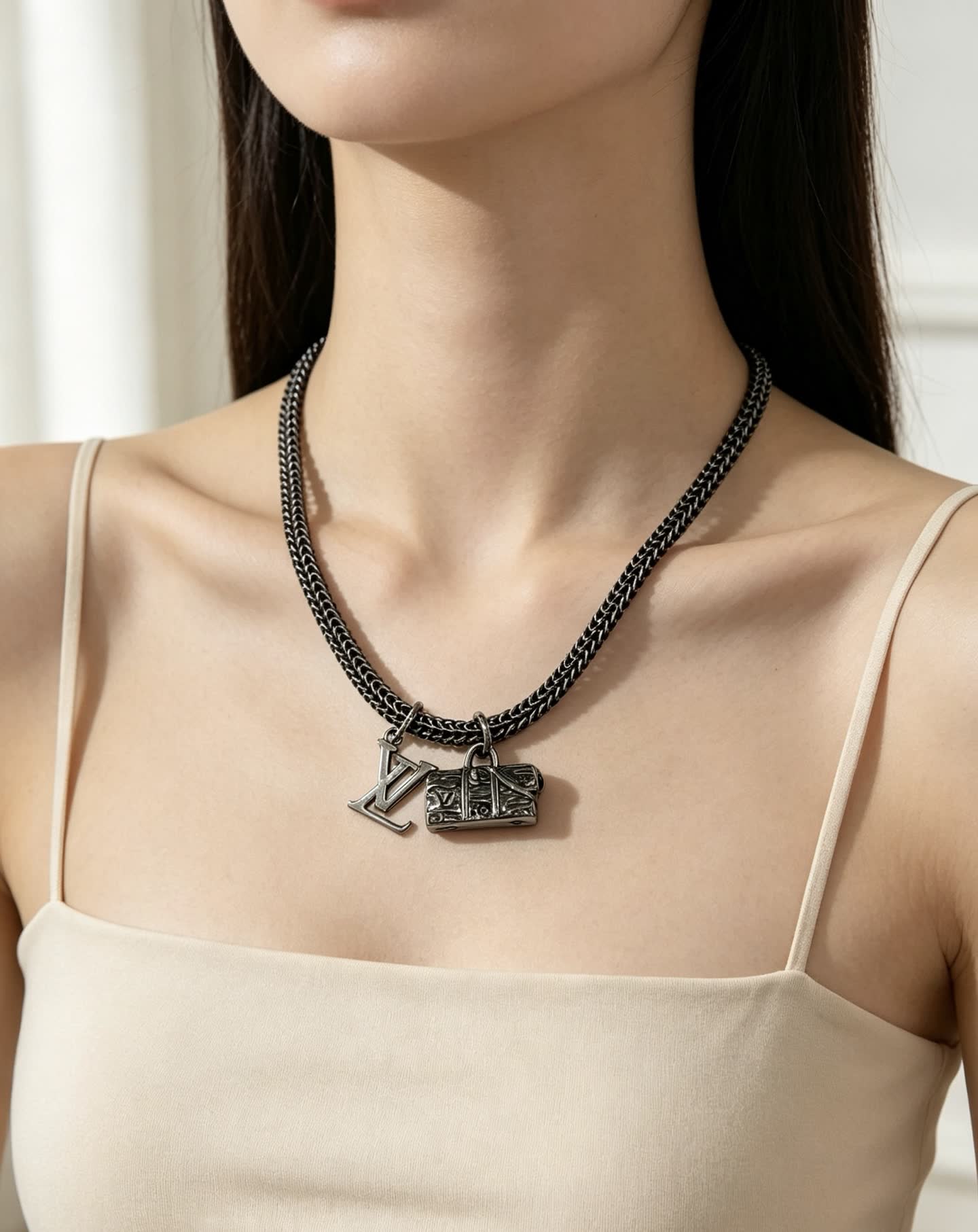 Louis Vuitton Silver Tone Chain Necklace with LV and Monogram Bag Charms